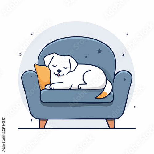 Cute white dog sleeping on a blue armchair