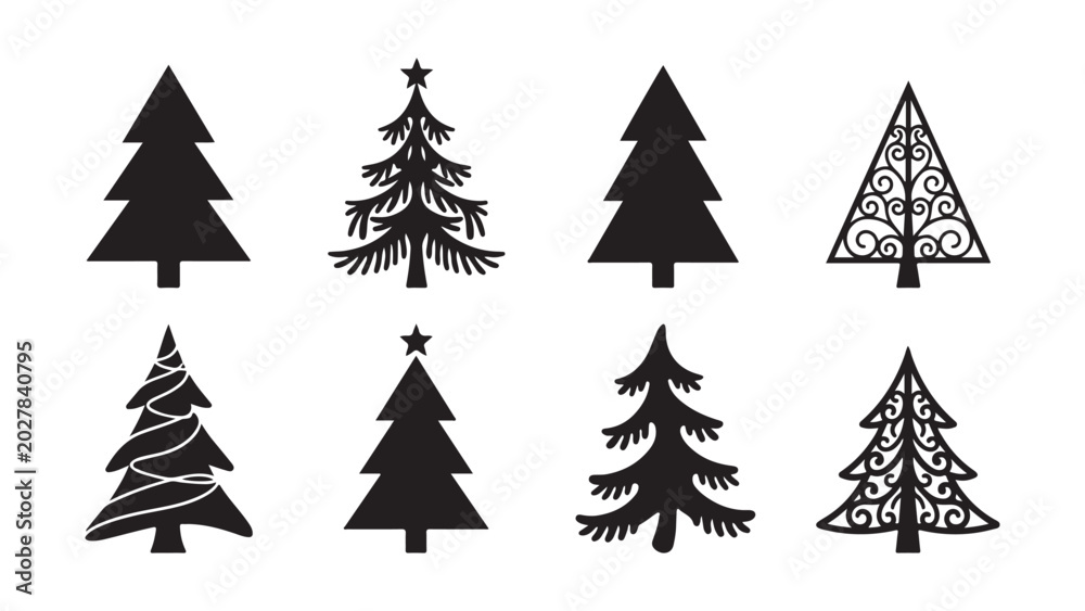Obraz premium Various stylized Christmas tree icons with different decorative patterns isolated design