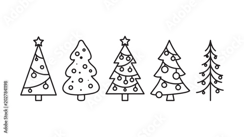 Five Different Christmas Tree Designs With Holiday Ornaments Illustration