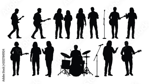 Fotografie group of musicians playing instruments on stage black silhouette