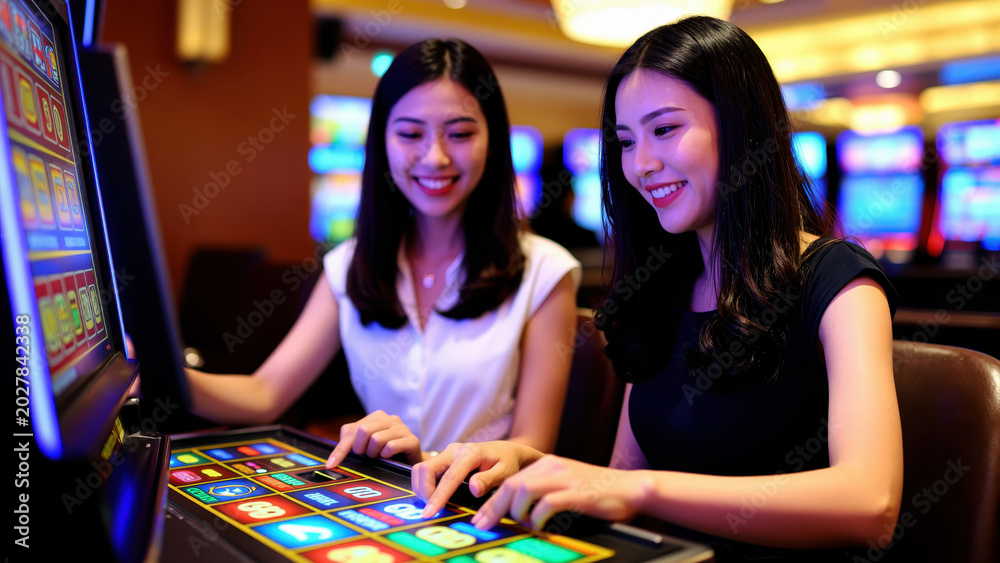 Fototapeta premium Casino Excitement: Two smiling women play a vibrant slot machine in a brightly lit casino, fingers poised to spin the reels and chase fortune.