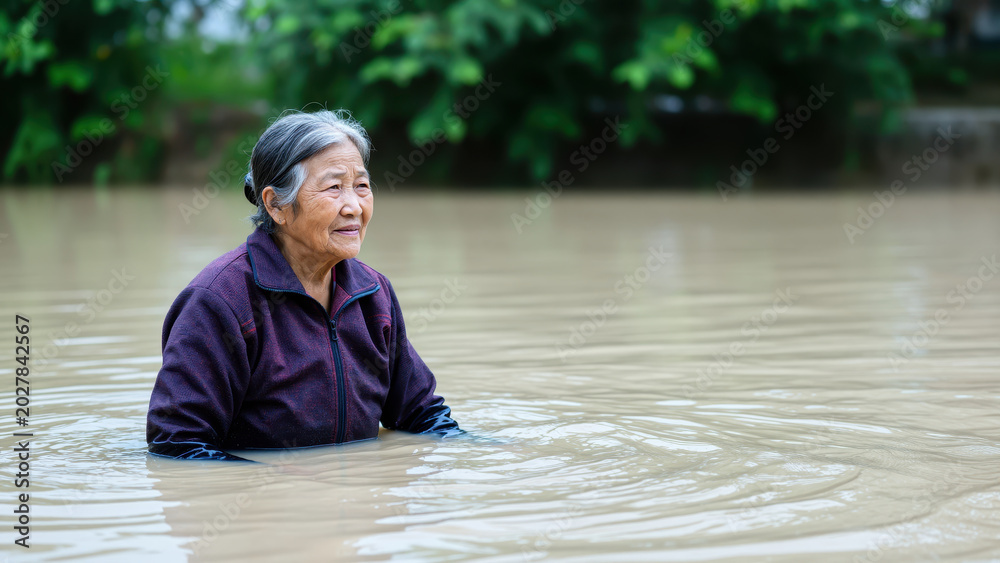 Fototapeta premium Elderly Woman Amidst Floodwaters: A poignant portrait of an elderly woman standing in murky floodwaters.