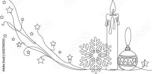 Photos Festive holiday line drawing with candle, snowflake, ornament, and stars, symbol