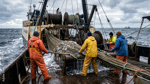 Tableau sur toile Crew of Fishermen Work on Commercial Fishing Ship that Pulls Trawl Net