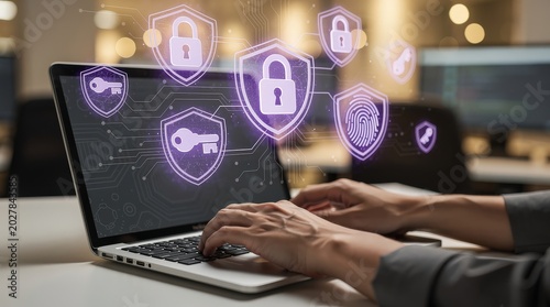 A person types on a laptop with digital security icons like locks, keys, and a fingerprint floating above, symbolizing cybersecurity and data protection.