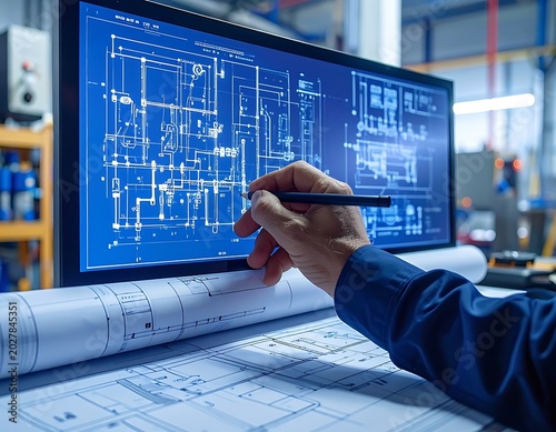 Engineer reviewing blueprints on computer screen.