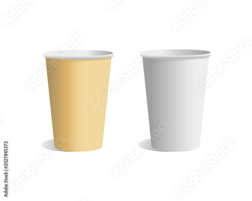   Two Disposable Cups in Beige and White Side by Side on Clean White Background