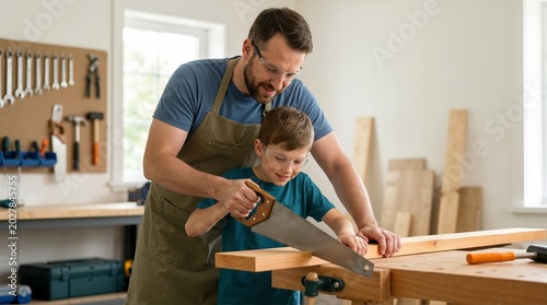 Father and son cutting a wooden board with a hand saw in a workshop. Woodworking project and diy home improvement. Teaching carpentry skills to child