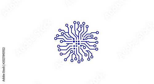 Foto Blue circular microprocessor circuit pattern on white background