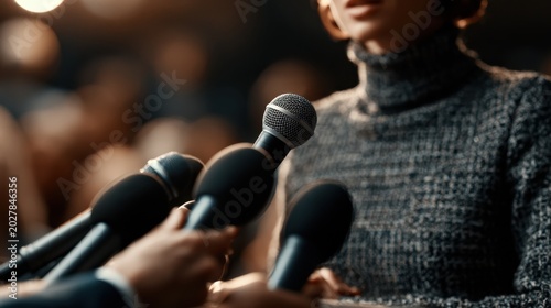 A confident woman politician speaks at a press conference podium, addressing the media with professionalism and authority in a formal setting.
