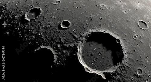 Moon surface displays deep impact craters across a barren landscape.