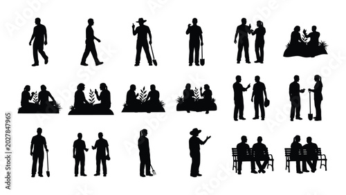 Bild auf Leinwand collection of people silhouettes engaged in various activities against a white b