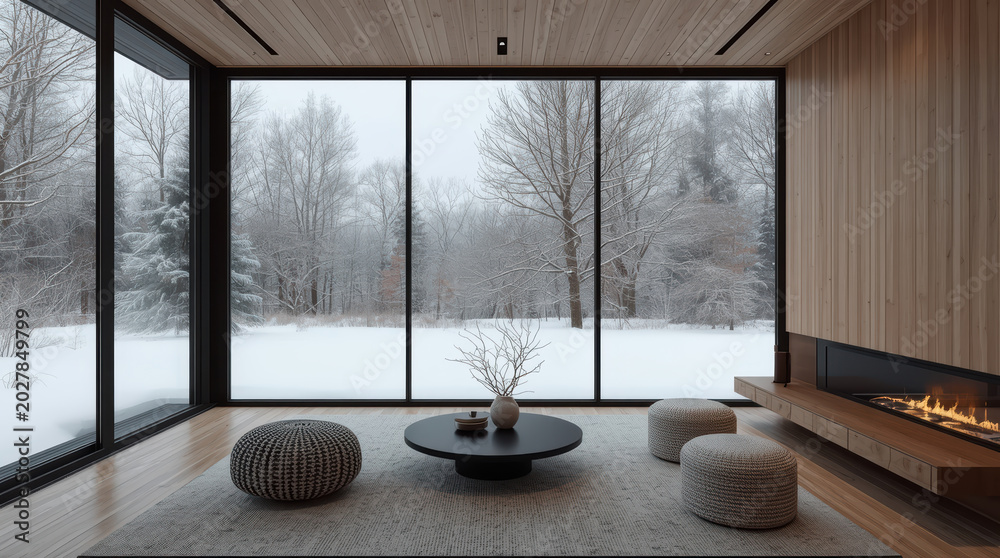 Fototapeta premium Minimalist living room with floor to ceiling windows overlooking snowy forest, serene winter view