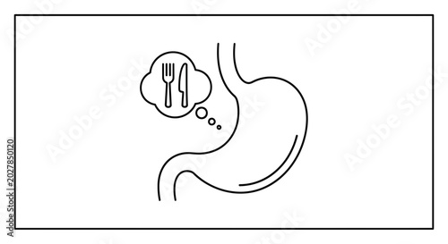 Stomach icon with thought bubble of fork and knife, representing hunger or digestion