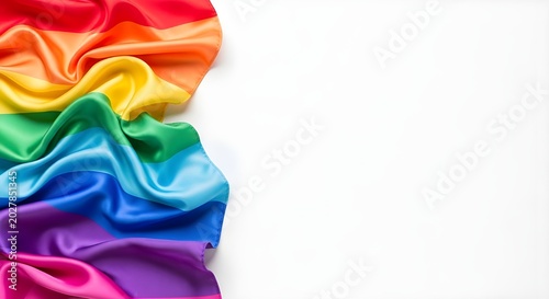 Pride flag drape on white background lgbtq rights symbolism rainbow silk fabric texture