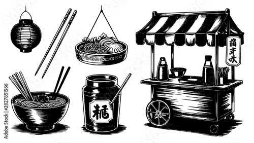 Black and white illustration of a japanese street food cart with noodles and condiments