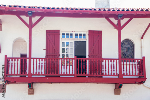 Traditional Basque Architecture Wooden Balcony in Bidart France