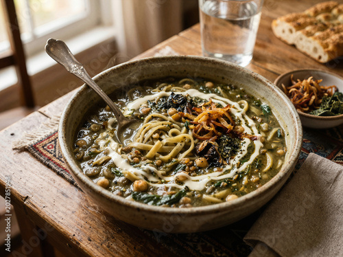 Traditional iranian ash reshteh noodle soup served in a rustic bowl