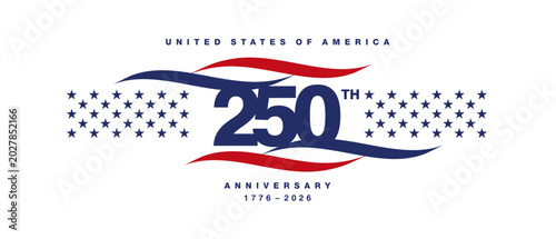 United States of America 250th Anniversary logo label greeting card. USA 250 years lettering with blue red ribbons with stars on white background