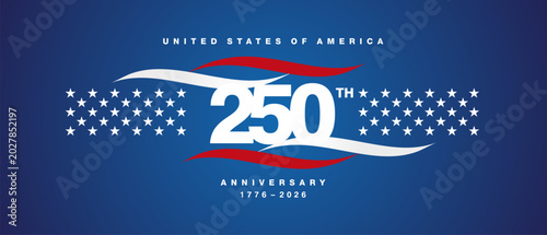 United States of America 250th Anniversary logo label greeting card. USA 250 years lettering with white red ribbons with stars on blue background