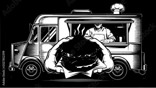 Food truck vendor serving spicy food to hungry customer
