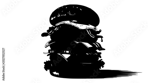 Black and white illustration of a messy cheeseburger