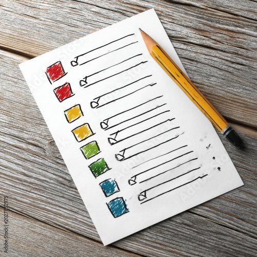 Checklist for Success: A hand-drawn checklist with colorful squares and blank lines, alongside a sharpened yellow pencil, suggests planning, organization, and the beginning of a task or project.