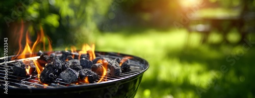 Barbecue grill filled with burning charcoal and bright flames outdoors  