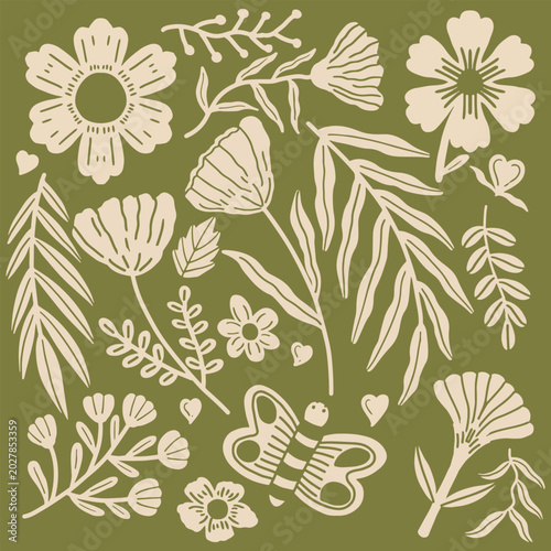 Cuadro en lienzo Hand drawn botanical elements and butterfly vector set