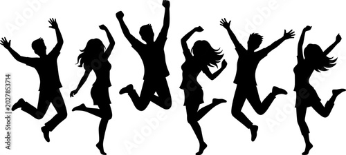 Foto Energetic silhouettes of diverse people jumping together in joyful celebration,