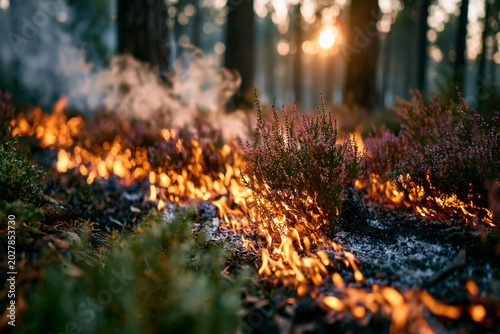 A detailed close-up photograph of active ground fire flames spreading through purple heather blooms and pine needles on a smoky forest floor at sunset.