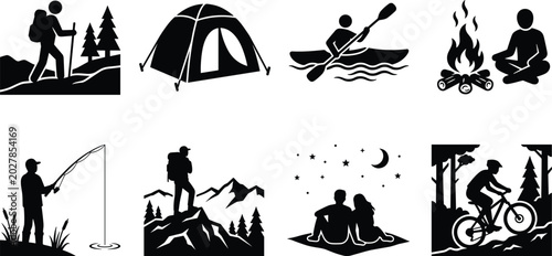 Schilderij op canvas Outdoor Adventure Activity Silhouette Collection with Camping Hiking Fishing Kay