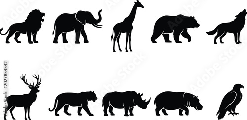 Photography Wild Animal Silhouette Collection with Lion Elephant Bear Wolf and Safari Wildli