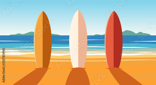 Photos Three surfboards standing on a beach with waves and mountains in the background,
