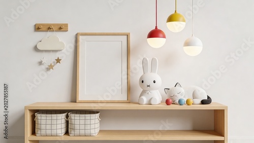  depicts a minimalist and stylish children's room setup with a focus on neutral tones and playful decor. The layout features a light wooden shelf against a white wall, adorned with a large, empty wood