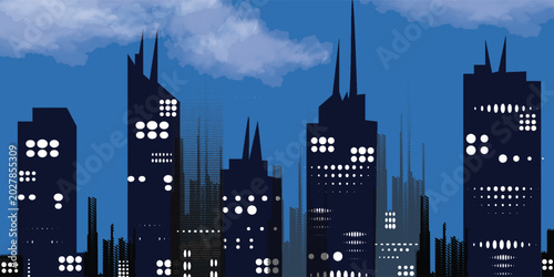 Tableau sur toile Vast cityscape at night features silhouettes of numerous skyscrapers with glowing windows under a dark blue atmospheric sky