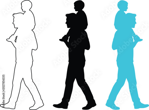 Father and son walking together, a loving family bond, parent carrying child on shoulders, silhouette vector illustration set for family concepts