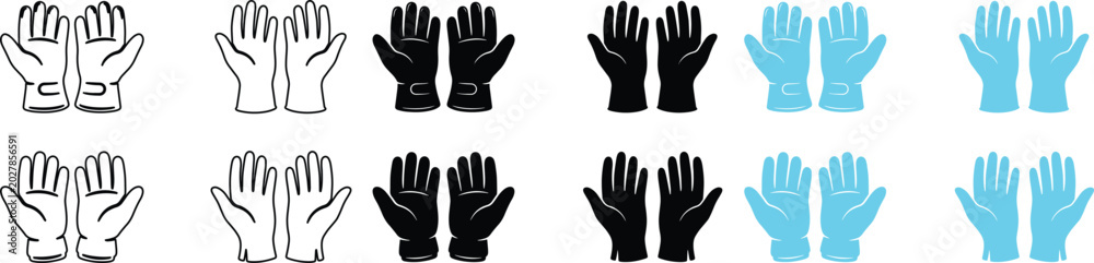 Obraz premium Protective Gloves Vector Icon Set, Medical Safety Handwear, Black and Blue Rubber Gloves, Outline and Solid Style Illustrations for Healthcare and Industry