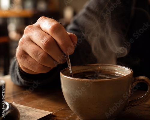 woman's hand stirring a cup of coffee in a ceramic steamy cup