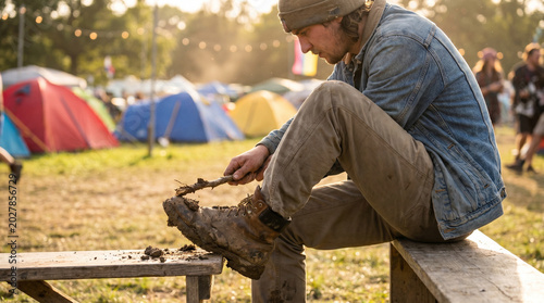 Festival attendee sitting on wooden bench, cleaning muddy boots under warm sunlight, with colorful tents in the background, capturing a lively outdoor atmosphere