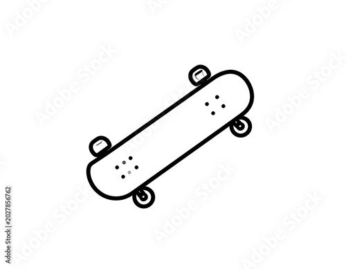 A simple line drawing of a skateboard with wheels and dots