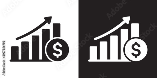 Minimalist Financial Growth Icon with Dollar Sign and Upward Arrow - Business Revenue, Investment Profit, and Economic Success Silhouette