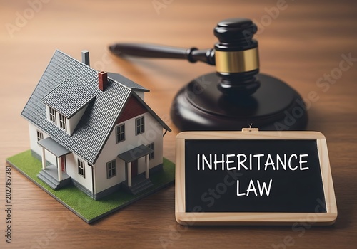 Miniature house model gavel and inheritance law chalkboard