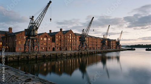 Historic dockside cranes and brick warehouses beside calm water showing refined industrial architecture scene