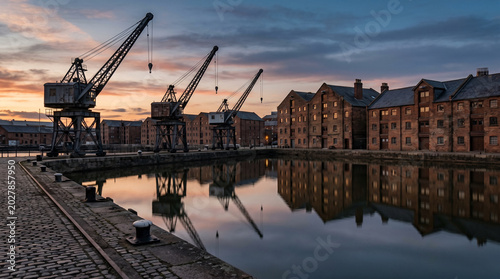 Historic dockside cranes beside brick warehouses reflecting across calm waters showcasing refined industrial heritage scenery