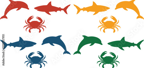 Photography Colorful marine animal silhouettes, a vibrant vector collection of sharks, dolphins, and crabs