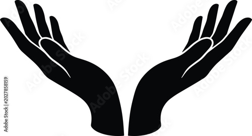 Open hands vector illustration, cupped human hands silhouette, offering and receiving gesture, care and support symbol, isolated black graphic element for design projects