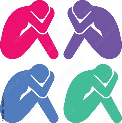 Fotografía Depressed person silhouette, four colorful vector illustrations of a sad, lonely