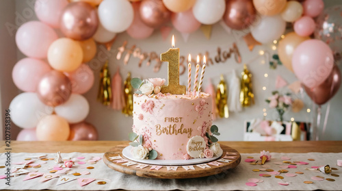 Elegant first birthday celebration cake surrounded by pastel balloons and festive decorations, creating a joyful party atmosphere for a child milestone.