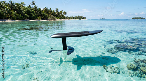 Advanced Hydrofoil Board Floating Above Crystal Tropical Waters Creating Stunning Coastal Adventure Photography Scenes Beautifully